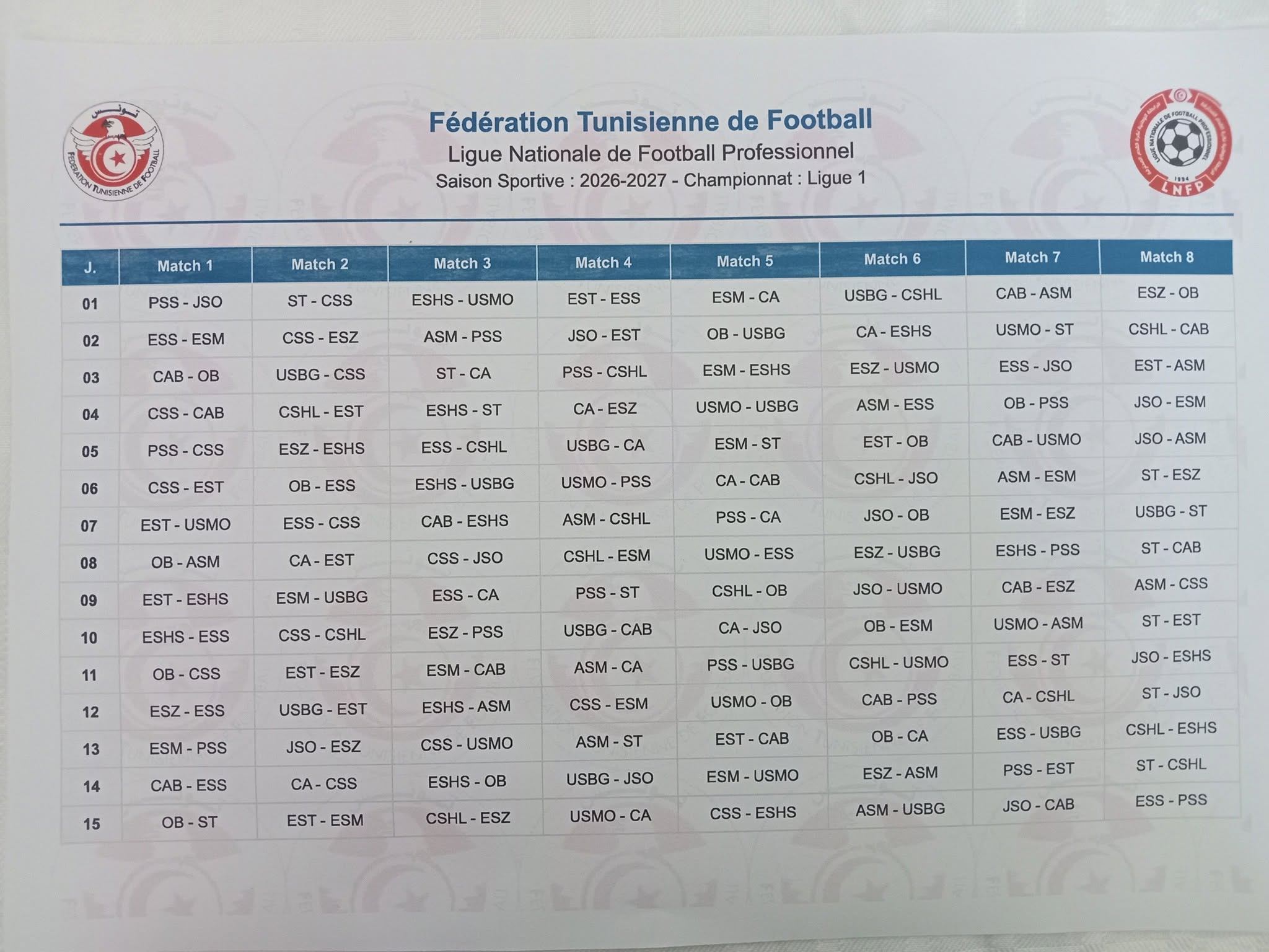 Calendrier Ligue 1 Tunisie - 2026/2027